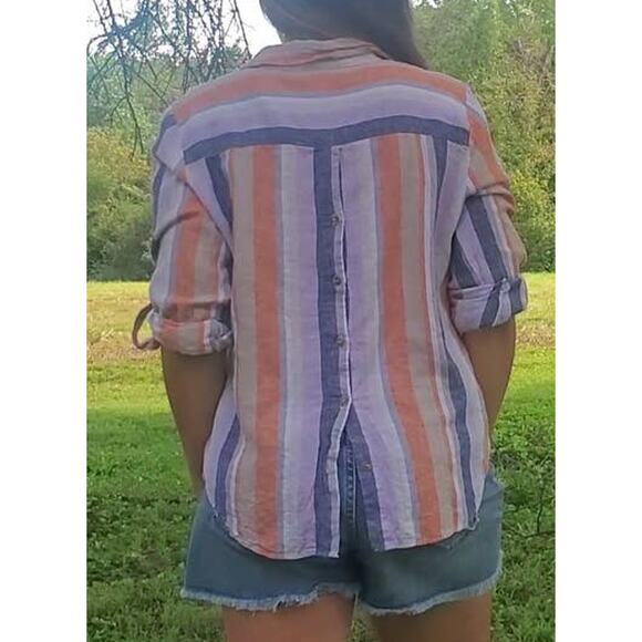 New York & Company button back linen blend top purple tan stripe large - Picture 2 of 3